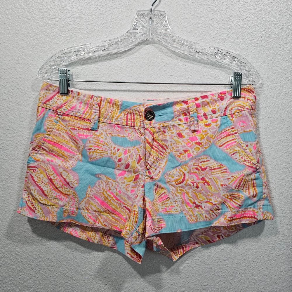 Lilly Pulitzer Walsh Short Size 4 Pink Blue Fish Shell Corduroy Preppy Coastal